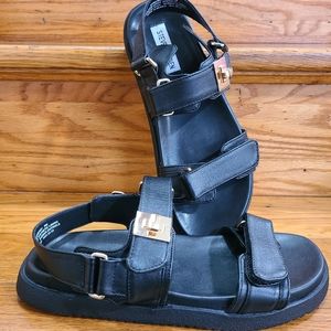 Steve Madden Black Strappy Velcro Sandals with Gold Hardware